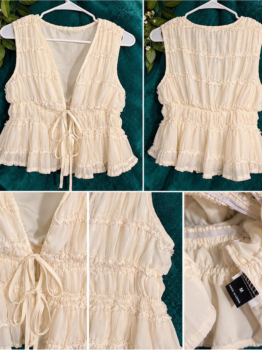 Medium Smocked Tie-Front Sleeveless Blouse in Cream
